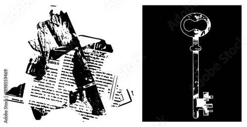 Antique key with ornate bow and bit, paired with crumpled newspaper pages, halftone style, graphic design element, isolated foreground.