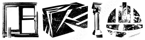 Stylized architectural motifs including window frames, fragmented cubes, classical columns, and circular cityscapes rendered in high contrast vector art.