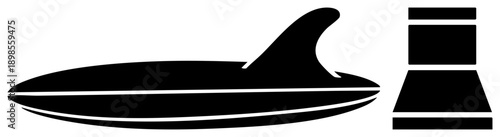 Minimalist black silhouette of surfboard with wave, paired with surf container, beach gear, vector, coastal recreation, water sport essentials.