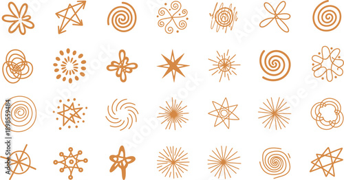 Collection of 25 abstract golden and orange spiral designs