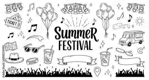 Summer festival doodle elements with crowd, balloons, and music notes