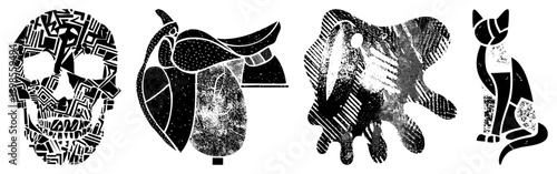 Stylized vector featuring skull with geometric, saddle with halftone texture, cat silhouette with grain, bird in abstract form all in black and white, isolated vector graphics.
