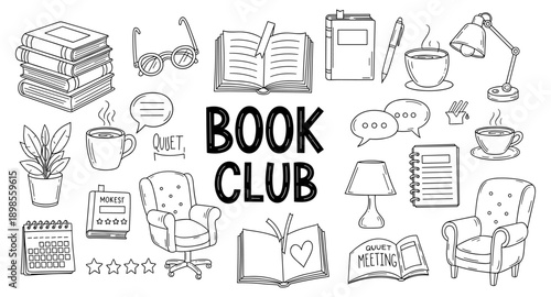 Doodle illustration of book club items and activities for reading enthusiasts