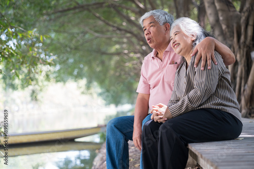 Golden Years, Cherished Moments: An elderly couple, their faces etched with the stories of a life shared, embraces each other in a serene outdoor setting.