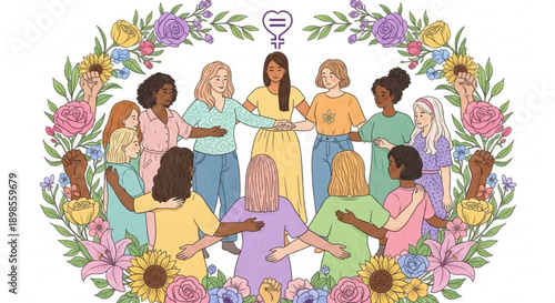 Diverse women in a circle with hands together surrounded by colorful flowers and leaves symbolizing unity and female empowerment