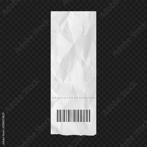 Crumpled blank receipt with dashed line and barcode. Realistic white wrinkled cash register sales receipt on transparent background. Vector.