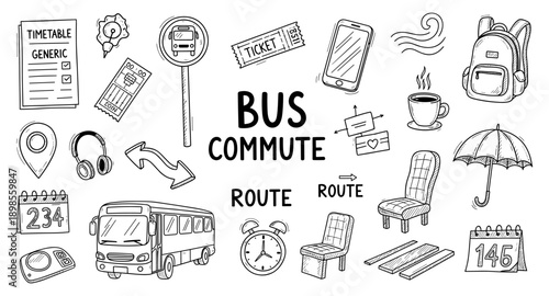 Doodle collection of bus commute elements and travel icons