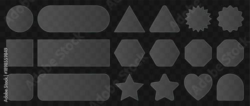 Glass plates in various geometric shapes. Acrylic or plexiglass framework on transparent background. Set of glass in the shape of heart, rectangle, circle, oval, star and others. Vector.