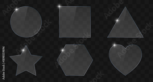 Glass plates in various geometric shapes. Acrylic or plexiglass framework with gleams and reflections on transparent background. Set of glass in shape of heart, rectangle, star and others. Vector