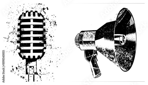 Retro microphone with grille and megaphone with handle, equipment, sound amplification tools, broadcast gear, stage mic, vocal projection device, communication instruments.