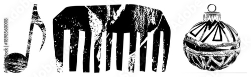 Black and white vector musical note, comb, ornament with halftone texture, isolated graphic elements, stylized symbols, decorative motifs, retro design.