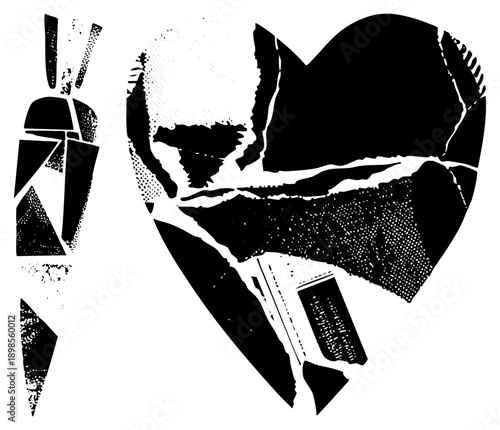 Cracked heart silhouette split into angular, distressed halftone shading, graphic art, vector illustration, emotional symbol, abstract love motif.