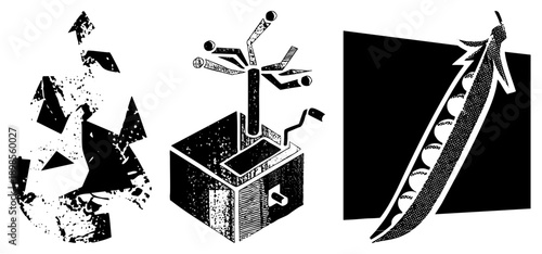 Fragmented polygonal forms, stylized mechanical device, pea pod with beans, halftone texture, vector illustration, graphic design elements, isolated.