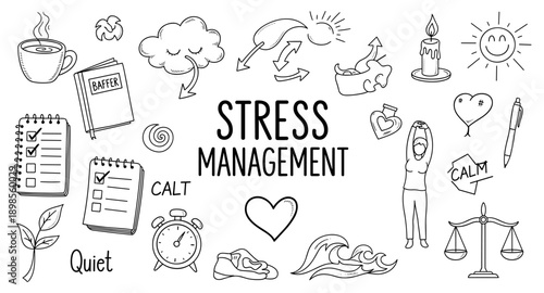 Doodle collection illustrating stress management techniques and symbols for mental well-being