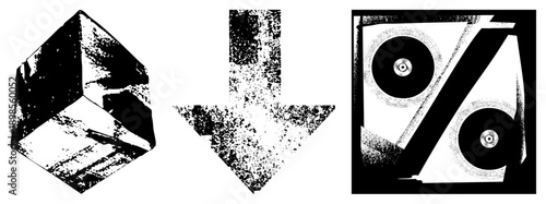 Graphic design featuring angular forms, halftone, and contrast, abstract composition, vector art, stylized geometry.