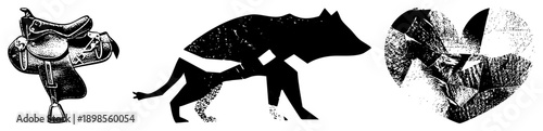 Black and white vector illustrations equestrian saddle, prowling wolf, fractured heart. Flat design with halftone texture, isolated elements, graphic art style.