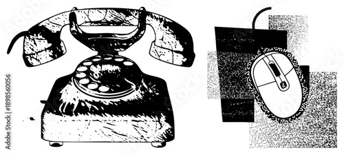 Retro rotary telephone with textured dial and handset, modern computer mouse with scroll wheel, contrasting analog and digital communication tools.