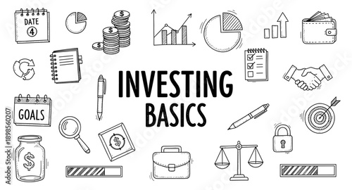 Hand-drawn icons representing investing basics and financial concepts for education