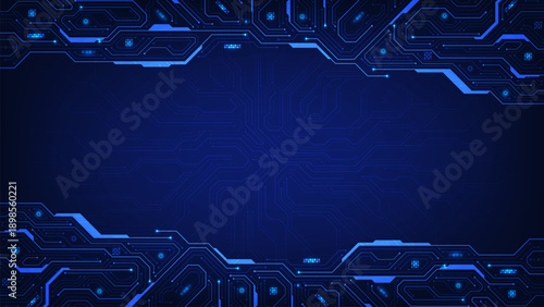 Futuristic circuit board on a blue background. Circuit light lines and electronic elements on motherboard. Artificial intelligence cybernetic circuit. Blockchain or data network. Vector illustration.