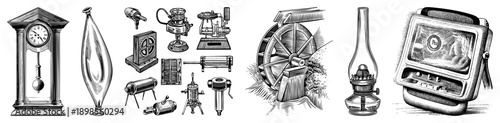 Historical scientific tools including pendulum clock, glass flasks, early engines, waterwheel, oil lamp, and portable radio, rendered in detailed art.