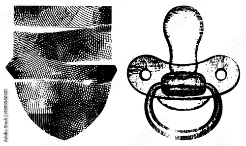 Retro shield emblem with halftone texture, baby pacifier with ring, vector art, vintage graphic design, isolated symbols.