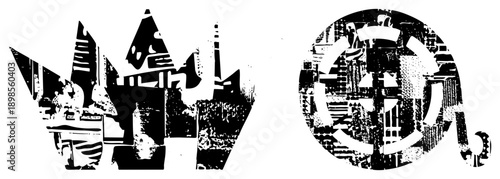 Stylized urban with fragmented buildings and circular abstract design, rendered in bold black and white halftone texture, graphic art, vector illustration.