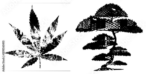 Black and white vector art featuring a leaf and bonsai tree with halftone textures, isolated graphic elements, nature motifs, artistic silhouettes.
