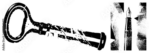 Antique skeleton key graphic with weathered edges, halftone shading, ink splatter texture, isolated vector illustration, stylized lockpick tool.