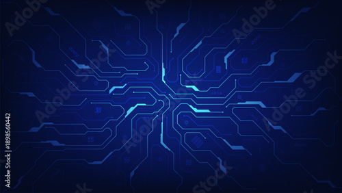 Futuristic circuit board on a blue background. Circuit light lines and electronic elements on motherboard. Artificial intelligence cybernetic circuit. Blockchain or data network. Vector illustration.