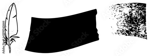 Classic writing instrument with detailed feather, ink blot shape, textured halftone, historical calligraphy tool, artistic vector graphic.
