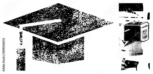 Academic mortarboard and dialogue bubble, halftone print style, educational symbols, graduation celebration, student achievement graphics.