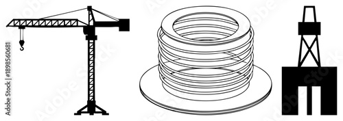 Construction crane lifting load, coiled spool on base, oil rig platform structure, engineering symbols, industrial machinery, vector.