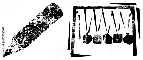 Stylized black and white pencil with distressed texture alongside Newton’s cradle, physics pendulum, kinetic energy demonstration, educational tool, vector illustration.