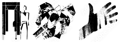 Stylized human silhouette with angular forms, fragmented hand, halftone shading, graphic design elements, vector art composition.