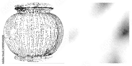 Vector halftone illustration of a rounded vessel with dot based shading, accompanied by abstract halftone shapes, minimalist design, graphic art, print inspired texture.