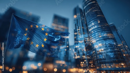 European Union Flag Against Modern Cityscape at Night, Representing Business and International Relations