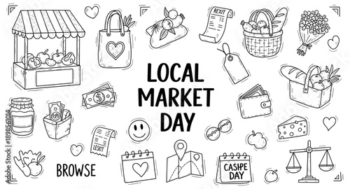 Local market day illustration with shopping items, money, and produce for sale