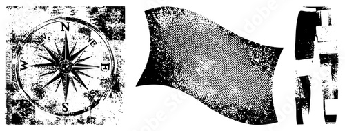 Antique navigational compass rose with cardinal points, distressed texture, halftone flag graphic, vector illustration, directional symbol, nautical, isolated design.