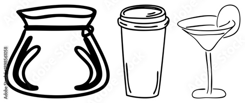 Glass jar with lid, insulated travel mug, martini glass with olive minimalist drink vessels, drawing, beverage packaging, drinkware.