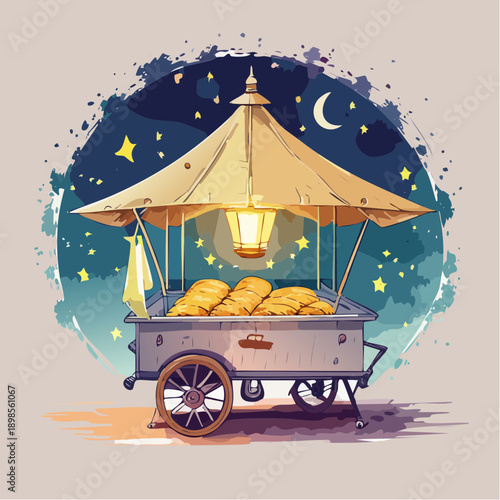 Nostalgic street food cart vector with conical canopy and central hanging lantern for night market and bazaar concept