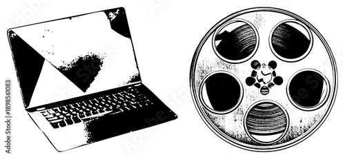 Digital tools including laptop with stylized screen and film reel with perforated holes, vector illustration for content creation, editing, and cinematic workflows.