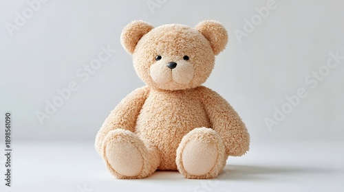 Adorable soft and fluffy light brown teddy bear toy seated against a neutral studio background evoking feelings of childhood comfort and nostalgia