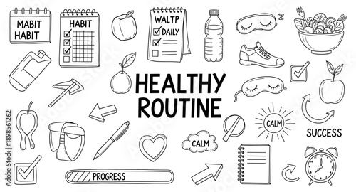 Healthy routine doodles with icons for habit tracking, fitness, and self-care