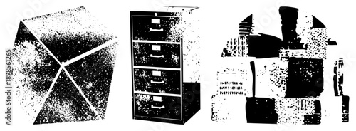 Black and white halftone vector illustration of geometric forms, filing cabinet, and abstract office elements, minimalist design, graphic art, office.