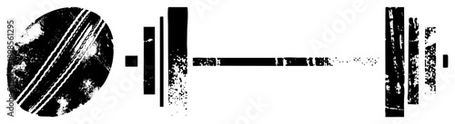 Cricket ball with seam texture paired with distressed barbell, sport equipment, athletic gear, fitness and game symbols, black and white vector design.