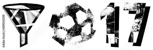 Vector halftone graphics of funnel, soccer ball, and numeral 17, isolated symbols with textured shading, graphic design elements, illustration.
