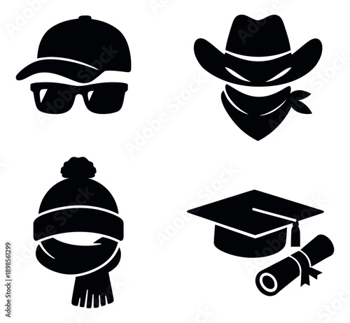 Silhouette hat and accessory set featuring a baseball cap, cowboy hat, winter hat, and graduation cap for different characters