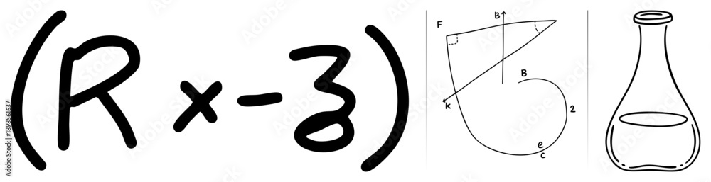 Naklejka premium Mathematical notation in script, geometric curve with labeled points, lab glassware sketch, educational vector art, science and math symbols.