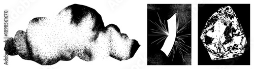 Vector halftone cloud with dot gradient, abstract ray burst with sharp, faceted diamond with geometric facets all isolated, cutout, rgba.