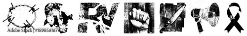 Symbolic vector barbed wire, broken bird, fragmented letter R, clenched fist, knife, megaphone, mourning ribbon stark protest or resistance motifs.